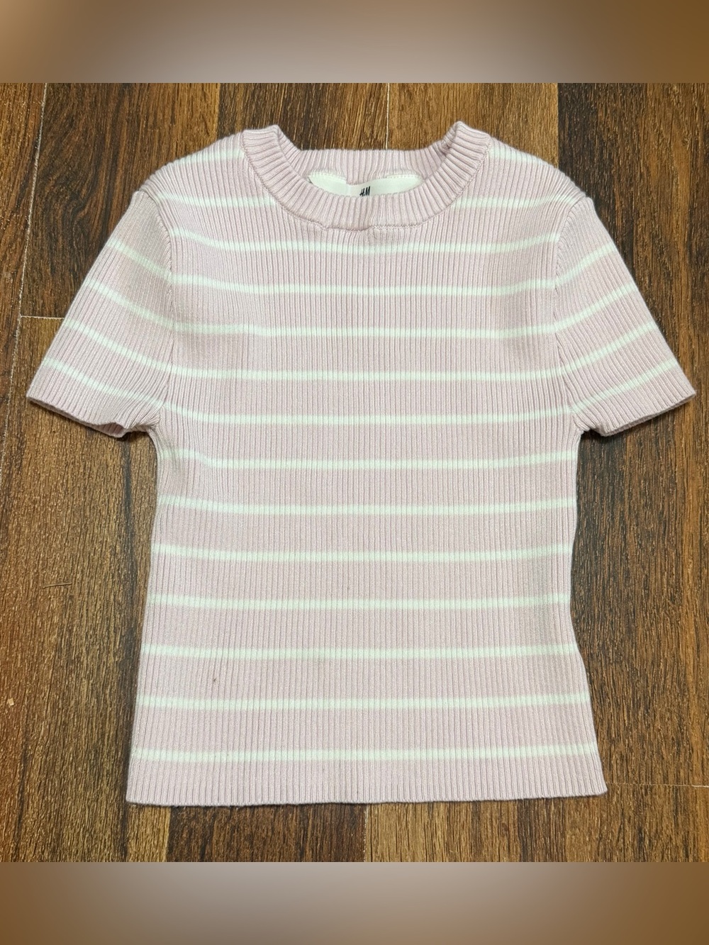 H&M Light Pink & White Ribbed Short Sleeve Tee